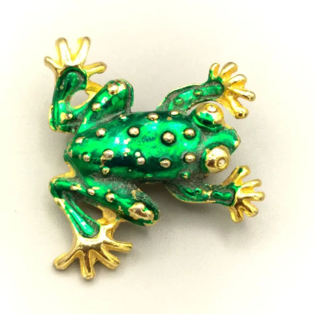 Green Tree Frog Gold Tone Vintage Brooch Enamel Pin Animal Lovers Collectible